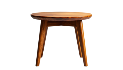 Elegant, simple wooden side table, featuring a round top and tapered legs, presented against a stark black background; the warm tones of the wood create a visually pleasing contrast.