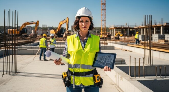 Confident female architect with blueprints and tablet on a busy construction site - Powered by Adobe