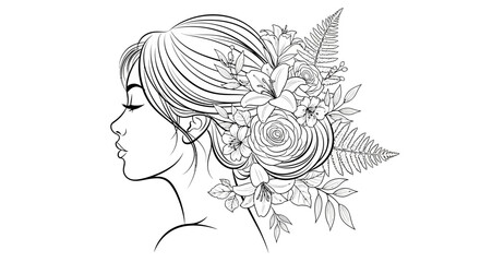 Elegant woman profile portrait with floral hair decoration in minimalist line art style design