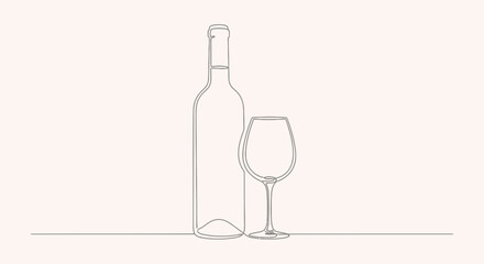 Elegant and minimalist wine bottle and glass line art on a pale background, contemporary design