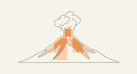 Stylized volcano eruption illustration with smoke clouds and lava flow concept art