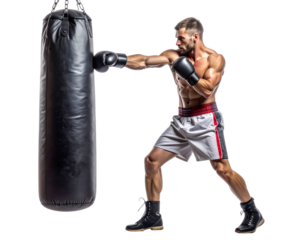 Male Boxer Throwing Right Hook at Standing Punching Bag, Full Body View, Isolated on Transparent Background