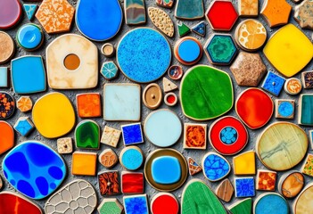 Vibrant mosaic of glazed ceramic tiles in diverse shapes and colors,  abstract,  home decor