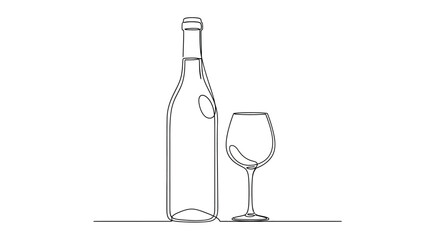 Elegant continuous line drawing of wine bottle and glass, conveying minimalist sophistication and