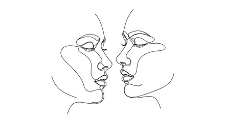 Minimalist continuous line drawing of two faces in close proximity expressing intimacy and