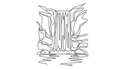 Elegant waterfall cascade drawing with continuous line art style landscape nature scene