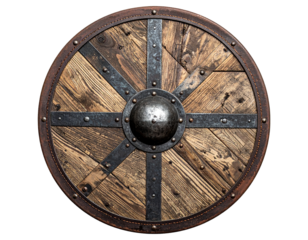 Round Wooden Viking Shield with Iron Rim and Central Boss, Front View, Isolated on Transparent Background