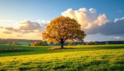 Solitary Oak Tree Bathed in Golden Light on Green Meadow Under Sky with Dramatic Clouds at Sunset