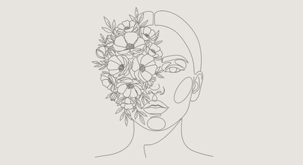 Elegant single line drawing of a woman's face adorned with delicate floral elements