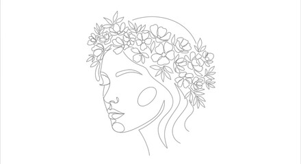 Elegant single line art of a woman with flower crown for minimalist design projects