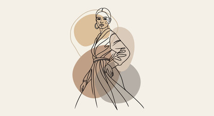 Elegant female figure line art illustration with abstract earthy tone shapes design