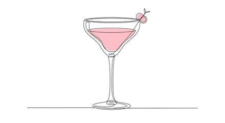Elegant pink cocktail in coupe glass with cherry garnish drawn in continuous line style