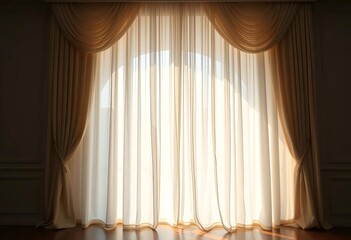 Elegant sheer curtains softly draped over a large window, sunlight streaming through, orange, photography