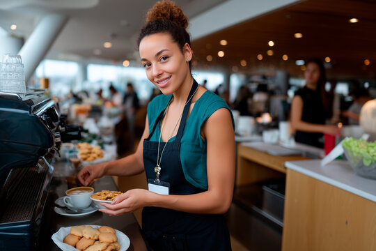 Barista preparing coffee and cookies in cafe