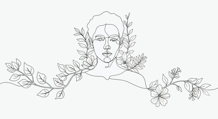Elegant line art featuring a portrait with floral elements creating a serene atmosphere