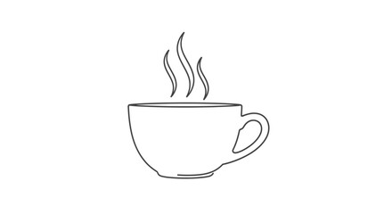 Simple black and white line art illustration of a steaming hot cup of coffee ideal for minimalist