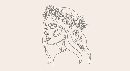 Elegant line art illustration of a woman with floral crown in neutral tones creating a minimal and