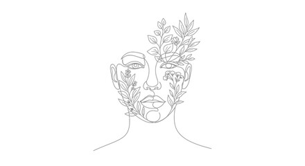Elegant single line drawing of a woman's face adorned with delicate botanical elements and foliage