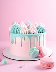 Pink & blue cake with drips, meringues, & macarons