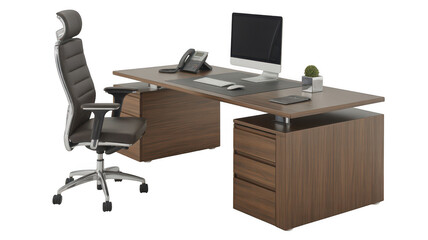 Desk and chair in an office area on transparent background