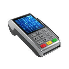 Detailed depiction of a modern payment terminal device featuring a digital display that shows flowing data, presenting a concept of technology, finance, and digital transactions, set against a dark...