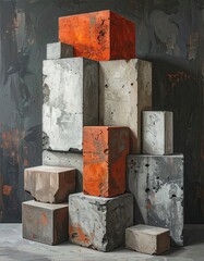 Textured geometric blocks stacked in a rough, modern abstract