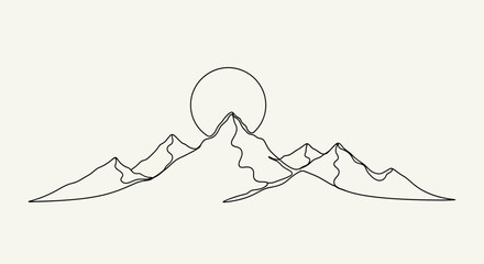 Continuous Line Drawing of Mountain Peaks Under a Full Moon Creative Minimalism