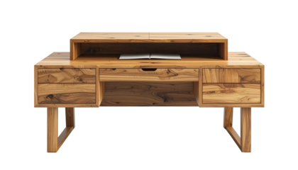 Modern wooden desk featuring drawers, a raised top shelf, and a clean design. The desk showcases a natural wood grain texture, supported by angled legs, isolated against a black background.