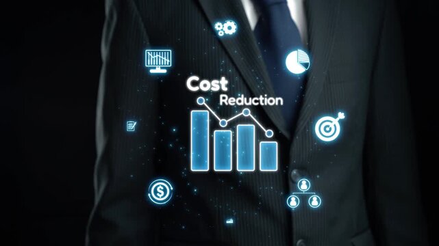 A businessman stands against a dark background while showcasing cost reduction concepts through digital chart graphics and financial icons, emphasizing strategy and growth. Qubit