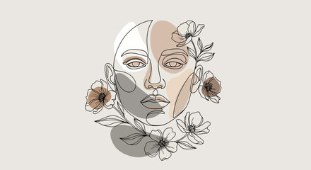 Elegant line art portrait of a woman with floral accents in neutral colors design