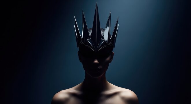 Powerful female figure in an abstract spiky crown with dramatic studio lighting