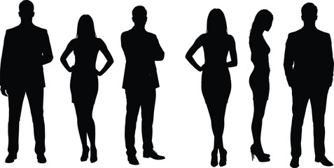 Silhouette of diverse business professionals team, standing group of men and women in formal attire, leadership, teamwork, office concept