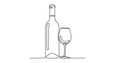 Continuous Line Art: Elegant Wine Bottle and Glass Depicting Celebration and Style