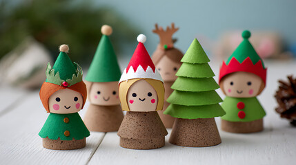 Cute Christmas elves decorating mini trees on white background, a festive kids' craft design. (可爱的圣诞小精灵在白色背景上装饰小圣诞树，是节日氛围浓厚的儿童手工设计。)