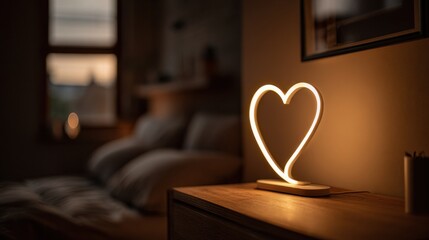 Heart shaped LED lamp glowing warmly on bedside table