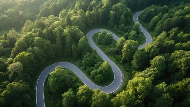 Aerial view of a winding road through a dense green forest