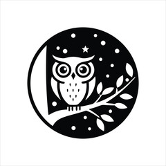 Owl Night Moon Tree Branch Star Wildlife Cultural Design Vector Illustration

