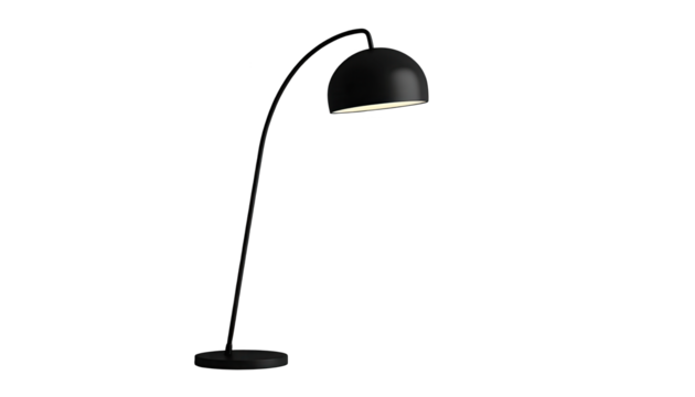 Minimalist floor lamp with a curved, slender stem, illuminating a dimly lit space against a stark, black backdrop.