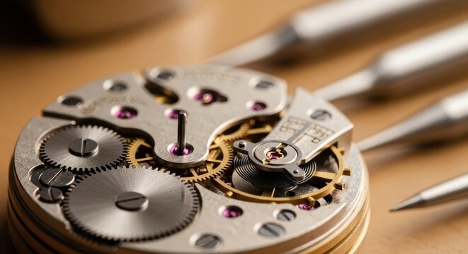 Intricate clock movement mechanism with visible gears, springs, and tiny watchmaker tools
