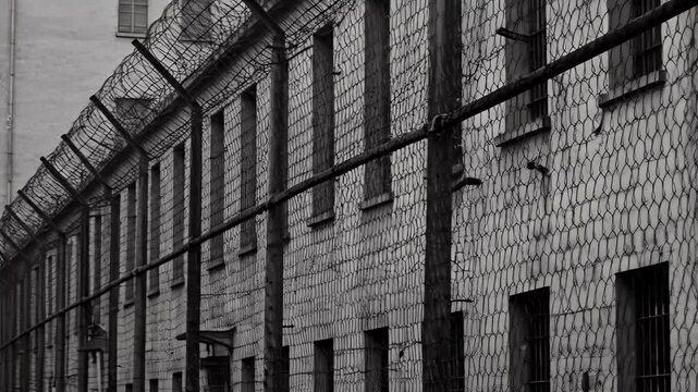 Barbed Wire Fence Surrounds Old Prison Building Exterior.