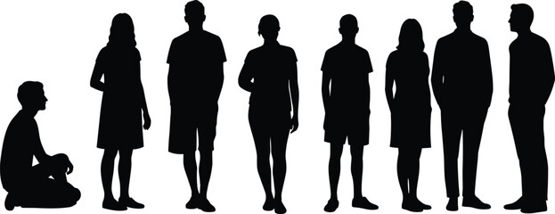 Silhouette of diverse adults standing together, men and women group, teamwork, friendship, unity, community, lifestyle, business, professional, people