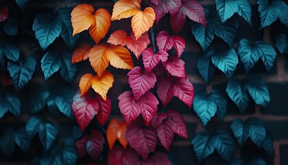 Vibrant autumn leaves cascading down brick wall