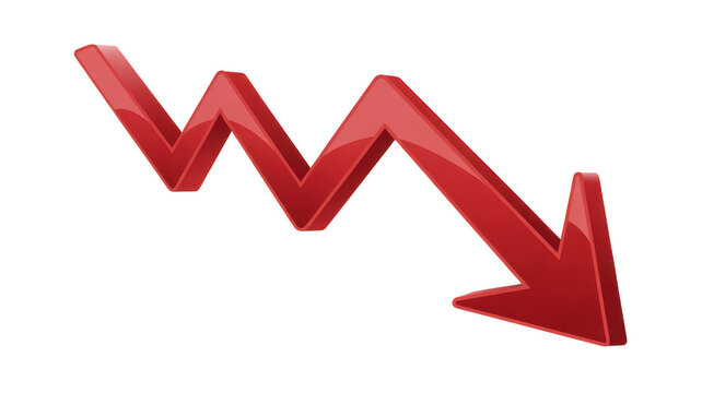 3d zigzagging red arrow pointing down isolated on transparent background. Png