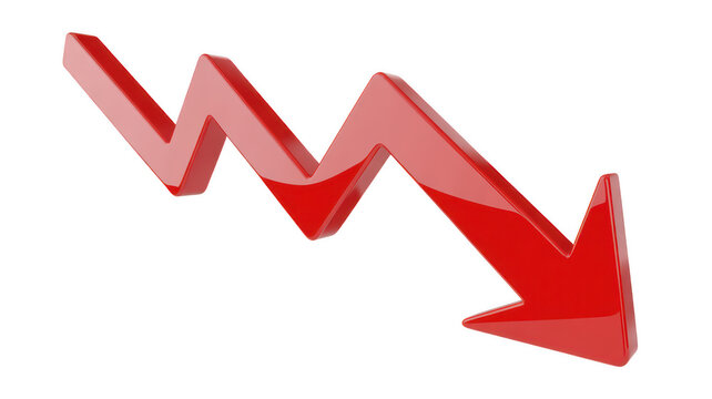 3d red arrow pointing downwards zigzag on transparent background