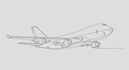 Elegant single line drawing of a Boeing 747 jumbo jet on a plain background