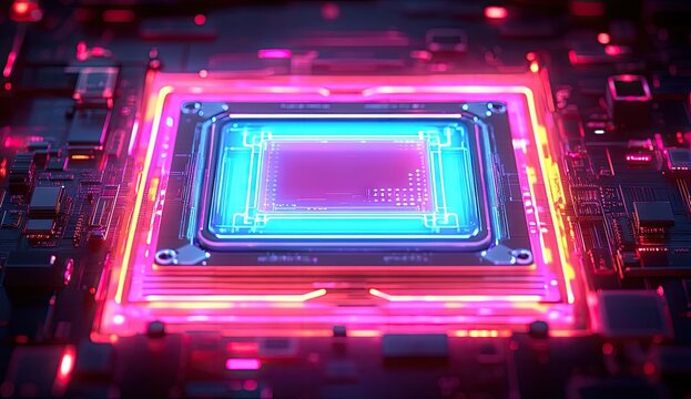 Neon CPU, glowing circuit board