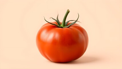 A single, ripe red tomato with its green stem centered against a plain peach background, excellent for food packaging, cooking blogs, health and nutrition articles, or simple organic themes.
