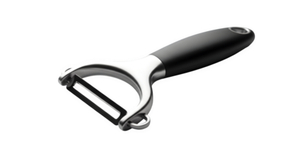Sleek vegetable peeler with a black handle isolated on transparent background, a kitchen tool for peeling fruits and vegetables with ease and precision