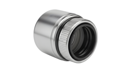Macro shot of a silver metal lens adapter isolated on transparent background, used for connecting different camera lenses for photography and videography