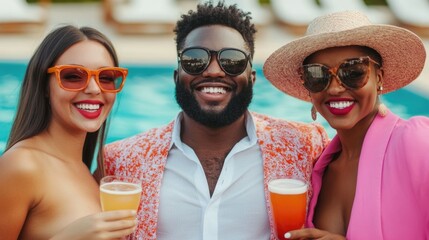 A diverse group of friends enjoying a lively with refreshing cocktails by the pool during a vibrant summer party showcasing a joyful relaxing and carefree atmosphere